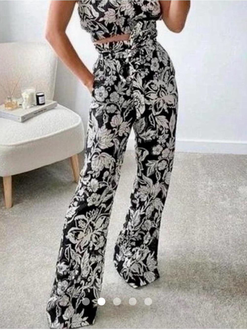 Zara Black Floral Wide-Leg Pants - Women
